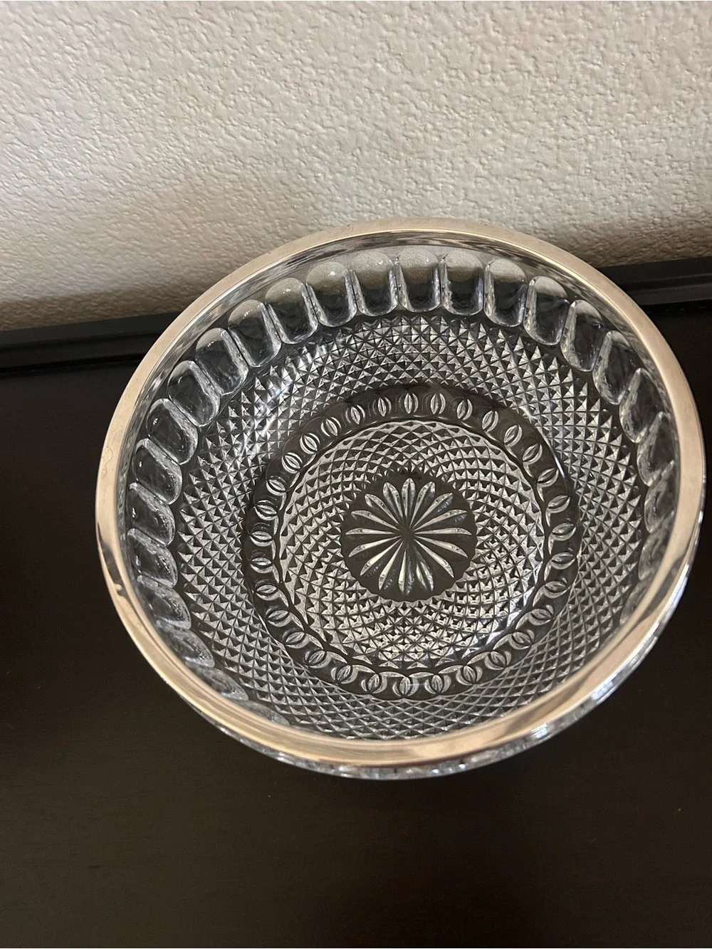 Vintage Teardrop and Diamond Point Pressed Glass Serving Bowl with Silver-Plated